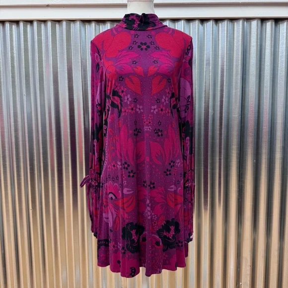 Free People Purple Floral Retro Boho Long Sleeve Retro Mod Scoop Back Dress - Picture 2 of 12
